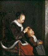 Gerard ter Borch the Younger, A mother combing the hair of her child, known as Hunting for lice